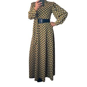 Geometric Print Maxi Dress Long Sleeve Neck Tie Belted Flowy Boho Vintage SZ MED